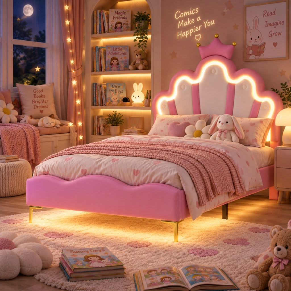 Letto Singolo Bambina 90x190cm Letto principessa con LED Testiera Regolabile a Forma di Corona, Senza Materasso, Principessa, Rete a Doghe, PU, Rosa