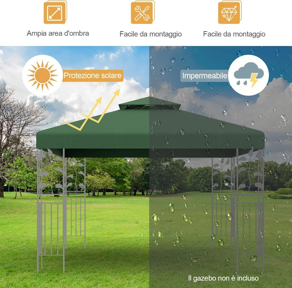 Tettoia di Ricambio per Gazebo da 3 x 3 m, Doppio Strato Superiore, Copertura per Gazebo da Giardino con Gancio e Chiusura a Strappo (Verde scuro)