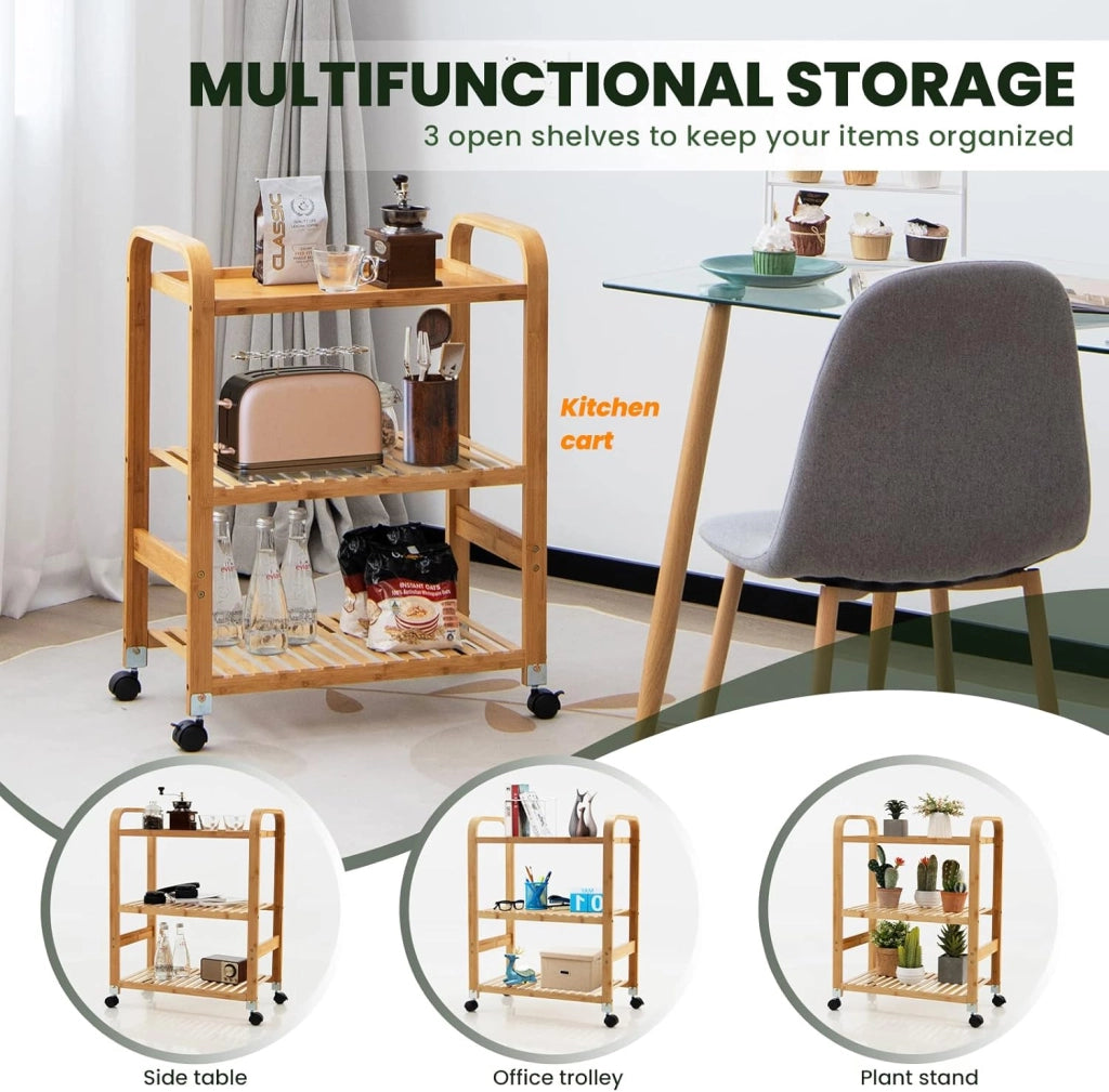 Carrello da portata in bambù, piccolo carrello da cucina su ruote, carrello con 3 ripiani e manici, carrello universale da cucina, carrello multiuso 58 x 33 x 76 cm