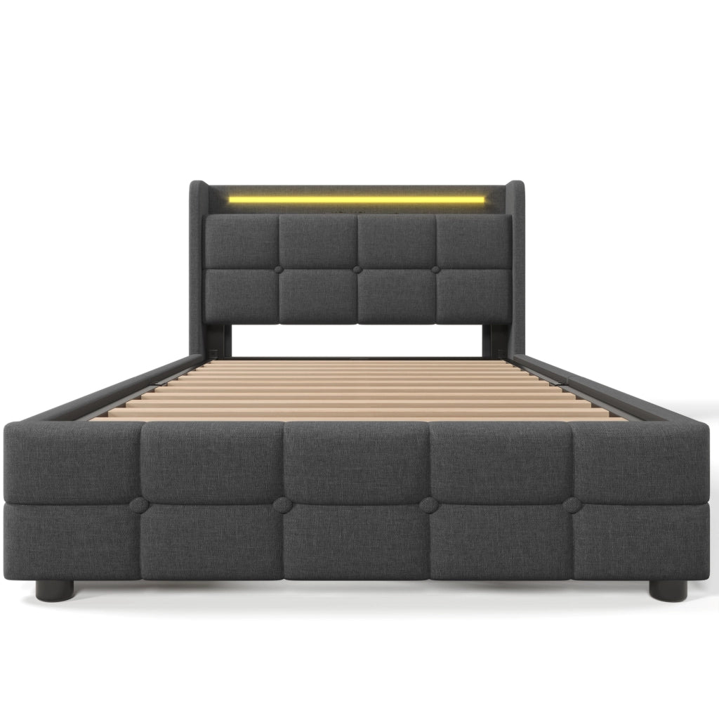 Letto singolo 90x200 cm con LED; porta USB e 2 cassetti; grigio