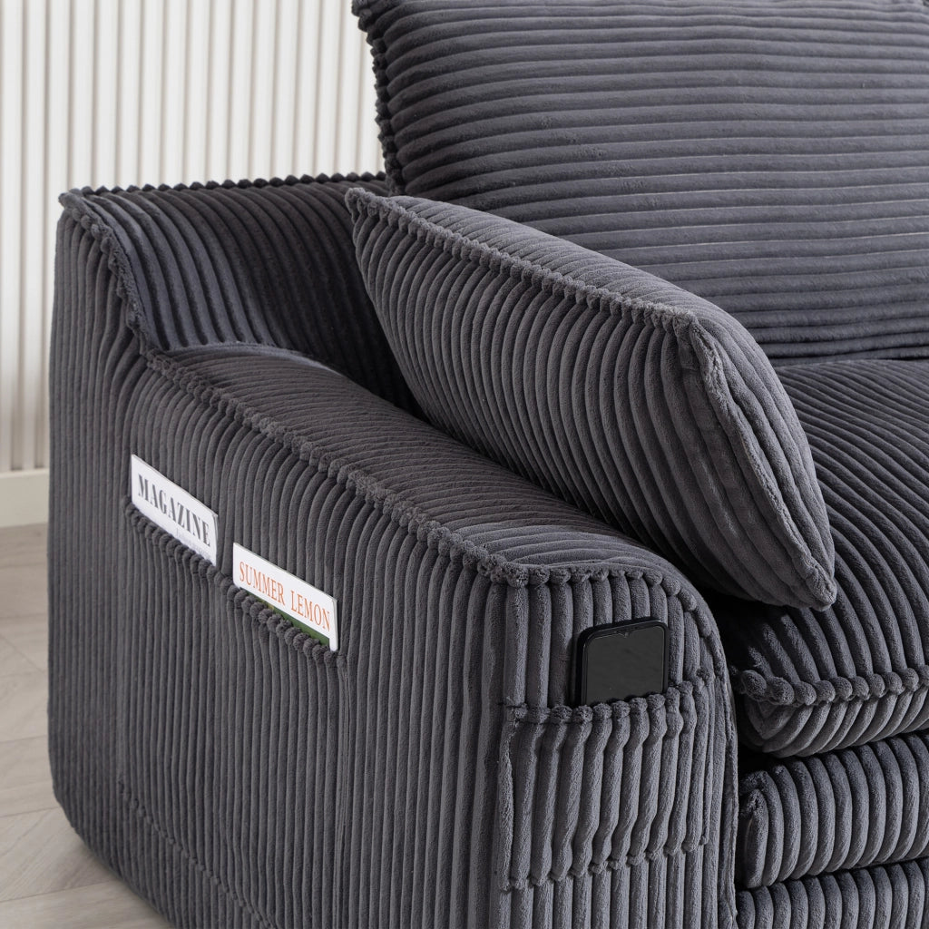 DIVANO 2 posti 191x94x85 cm in corduroy grigio scuro con cuscini e tasche laterali