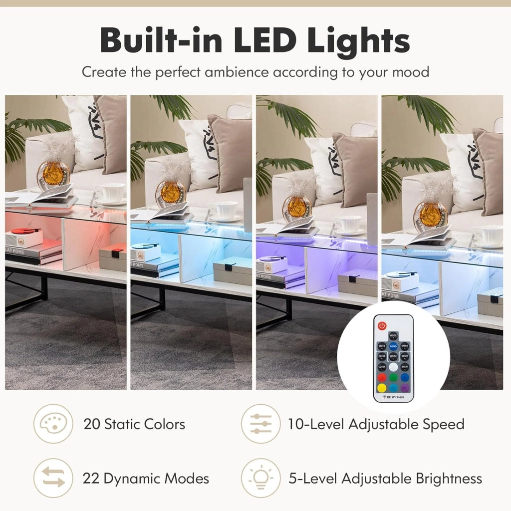 Tavolino da salotto moderno con luci a LED regolabili e 4 cubi, tavolo da salotto moderno con piano in finto marmo e vetro temperato, telecomando incluso, bianco/nero (bianco)