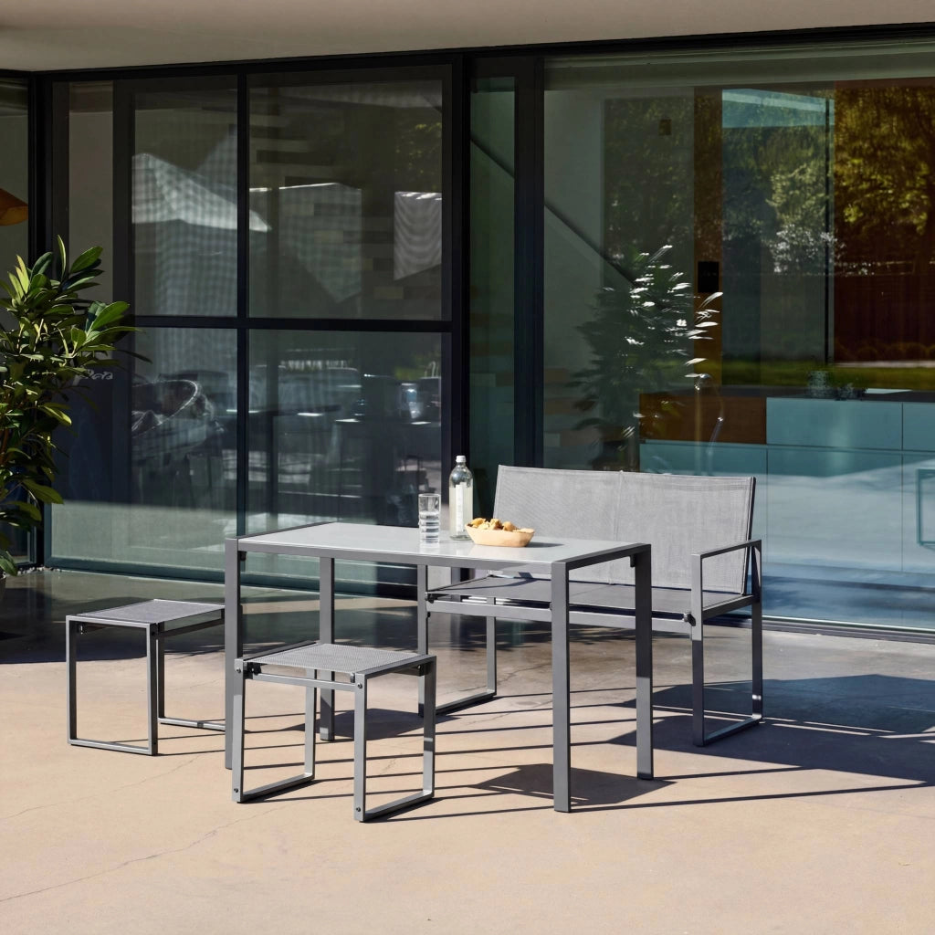 Set tavolo da giardino incastrabile in acciaio e textilene con 4