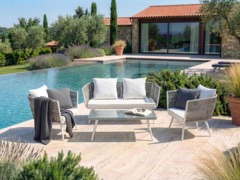 Set conversazione da giardino in rattan sintetico bianco da esterno a 4 posti con cuscini per tavolini