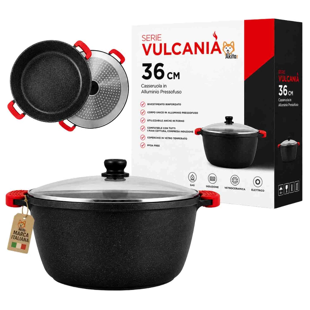 Akitaink Casseruola Alluminio Pressofuso Coperchio in Vetro 36 cm