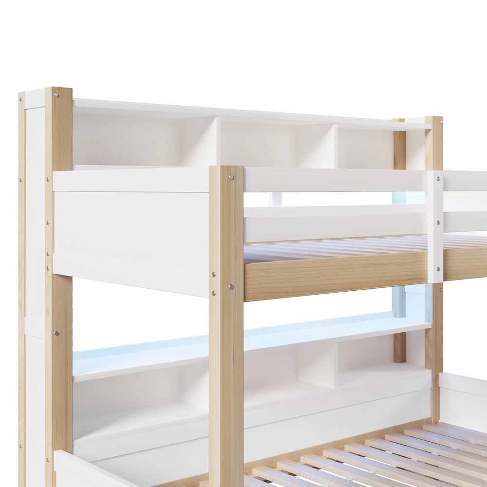 Letto a Castello 90x200 + 140x200 con LED e Cassetto ¨C Xylo ¨C Bianco e Naturale