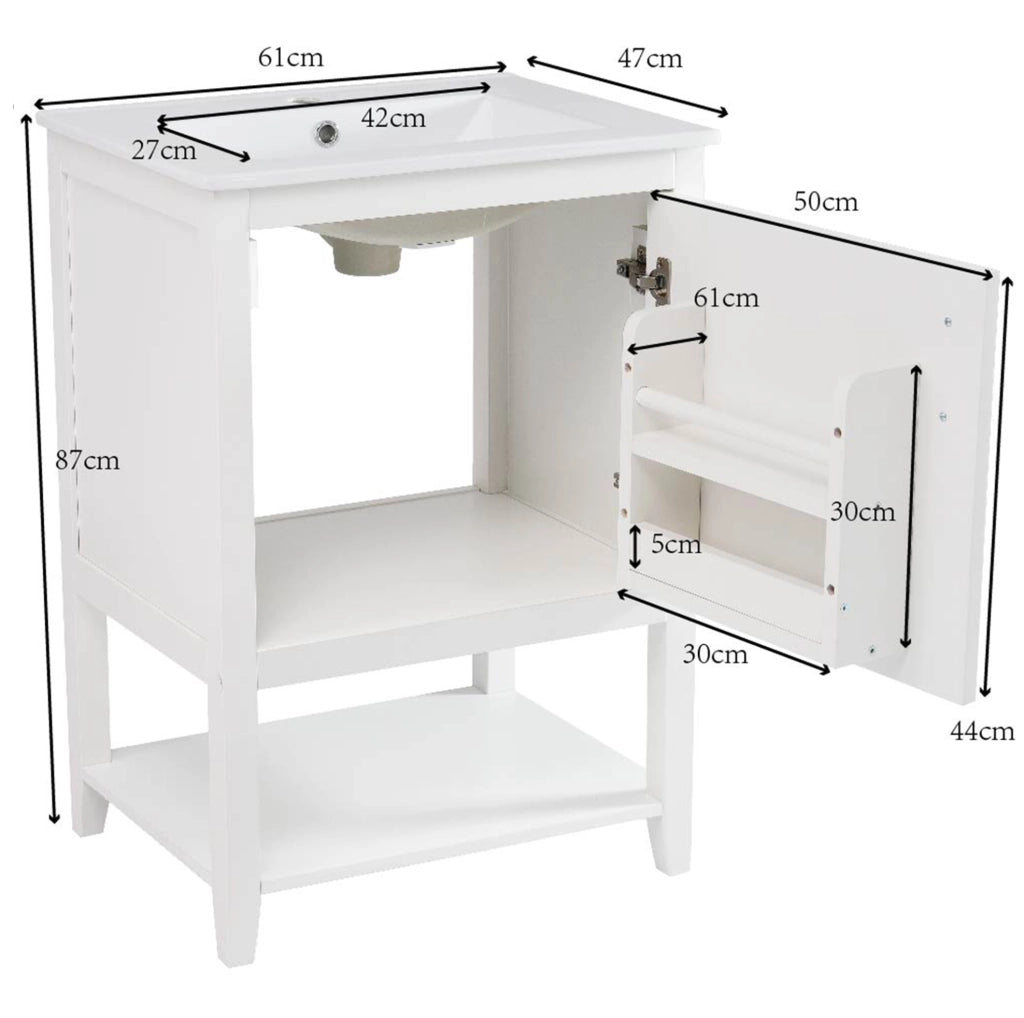 Mobile bagno con lavabo in ceramica; 61x47x87 cm; bianco; con ripiani interni