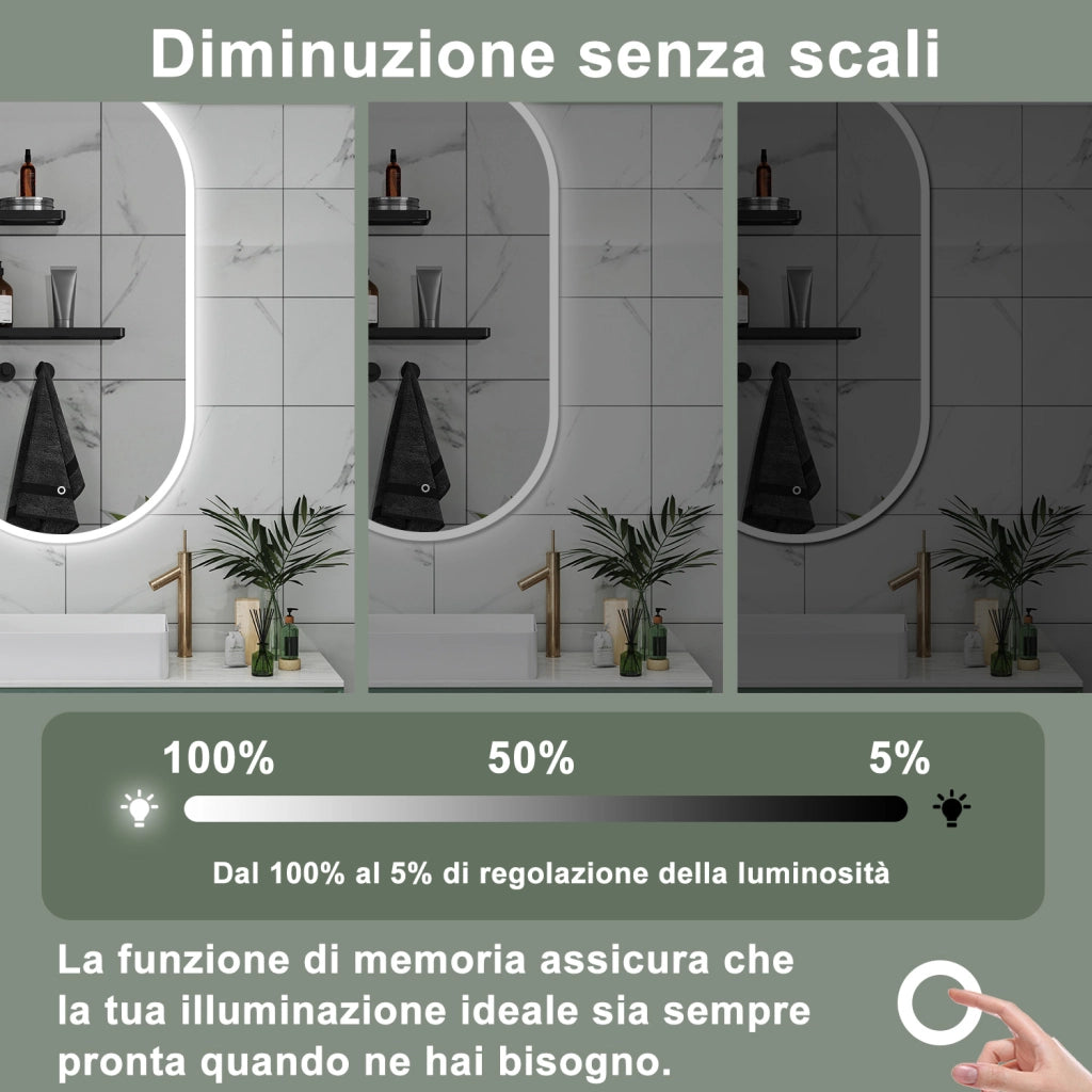 AICA Specchio da bagno 50 x 90 cm, dimmerabile，interruttore touch， Funzione Memoria, antiappannamento