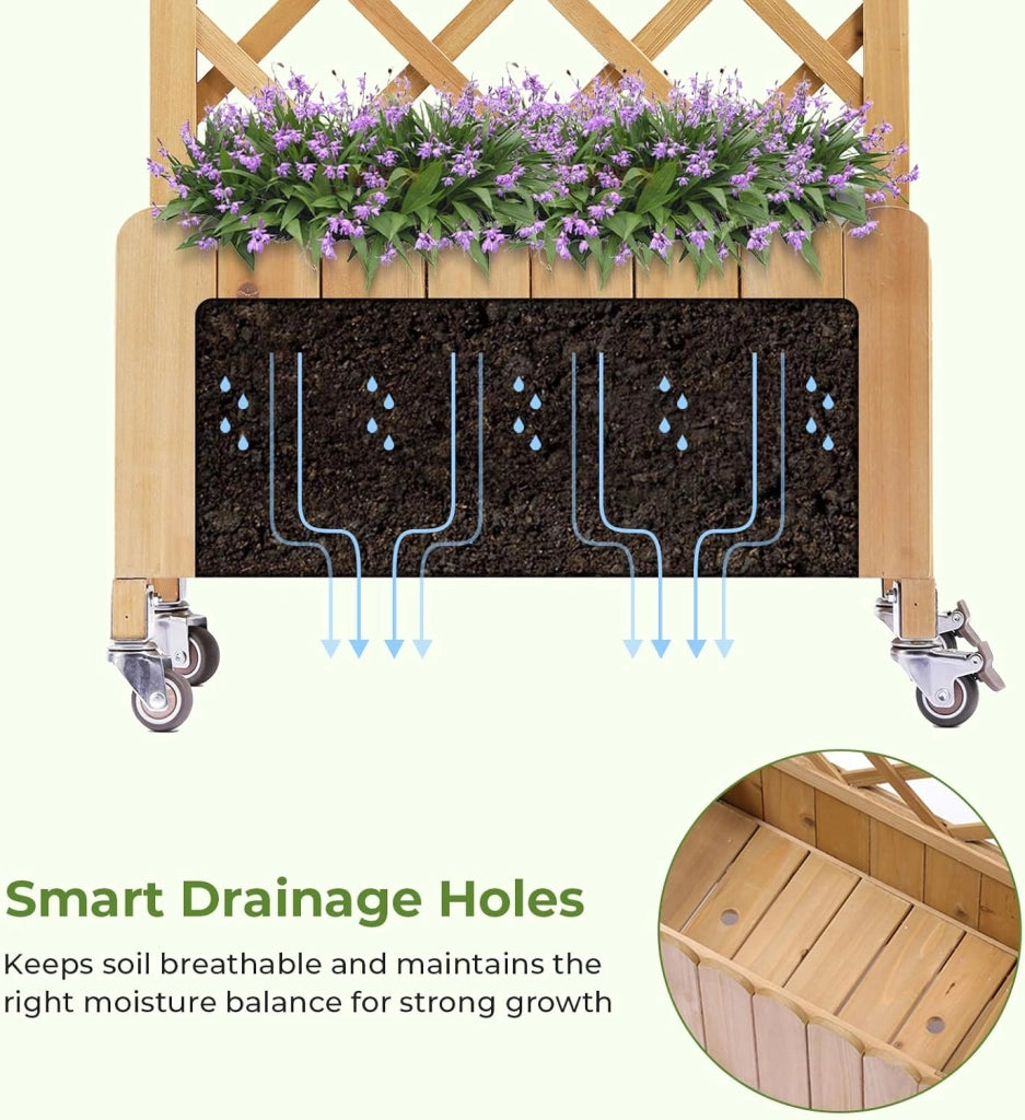 Fioriera in legno con grigliato e ruote, rialzata, resistente alle intemperie con fori di drenaggio, per giardino, balcone e terrazza, 49 x 28 x 116 cm – Marrone chiaro