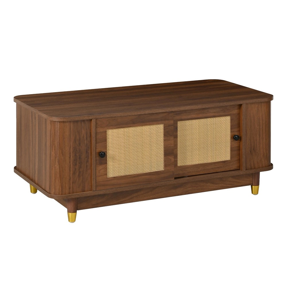 Tavolino da Salotto con Ante Scorrevoli in Rattan ¨C MINIMAL ¨C MDF, Effetto Legno, Design Moderno