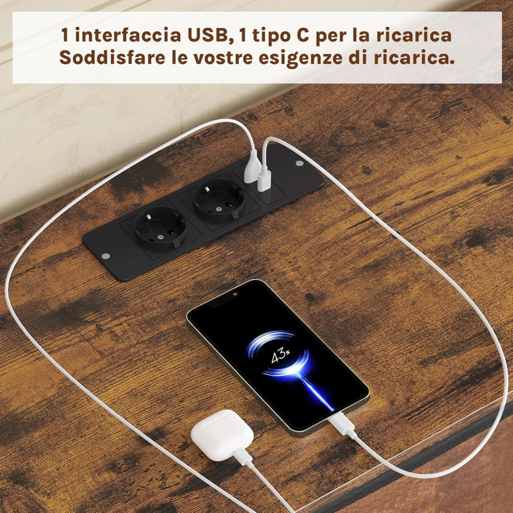 Comò 9 Cassetti, Mobile Contenitore con Multipresa e Illuminazione LED, Cassetti in Tessuto, 3 Ganci Laterali, Struttura in Metallo, 110x30x83,5 cm, Marrone Rustico + Nero