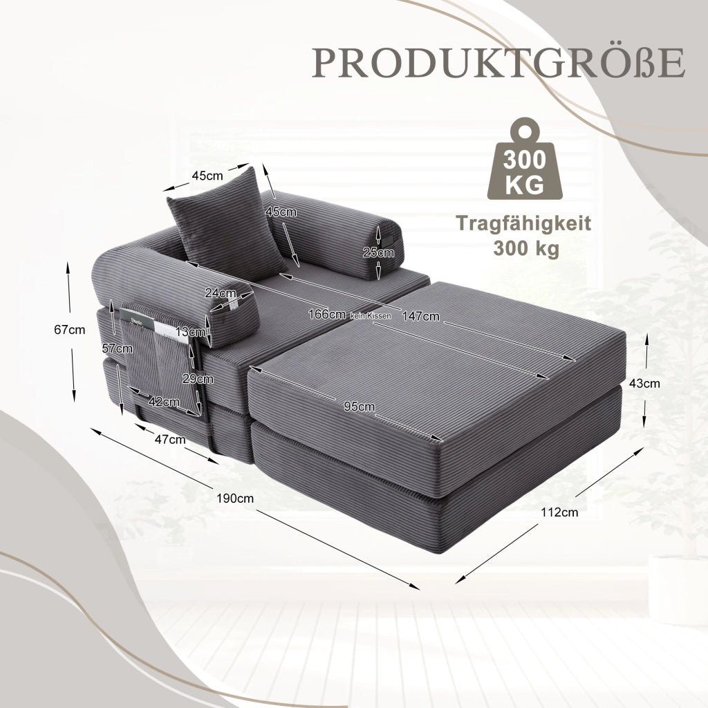 DIVANO modulare 112x190x67 cm in corduroy grigio scuro con pouf e cuscino