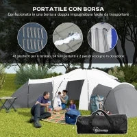 Tenda da Campeggio 6 Posti Impermeabile con 3 Aree Notte, Soggiorno e Portico, in tessuto Oxford, Grigio