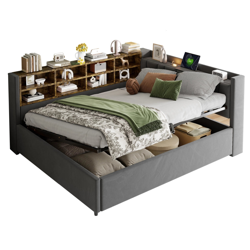 Letto contenitore 140x200 cm in velluto grigio scuro con luci, USB e vani