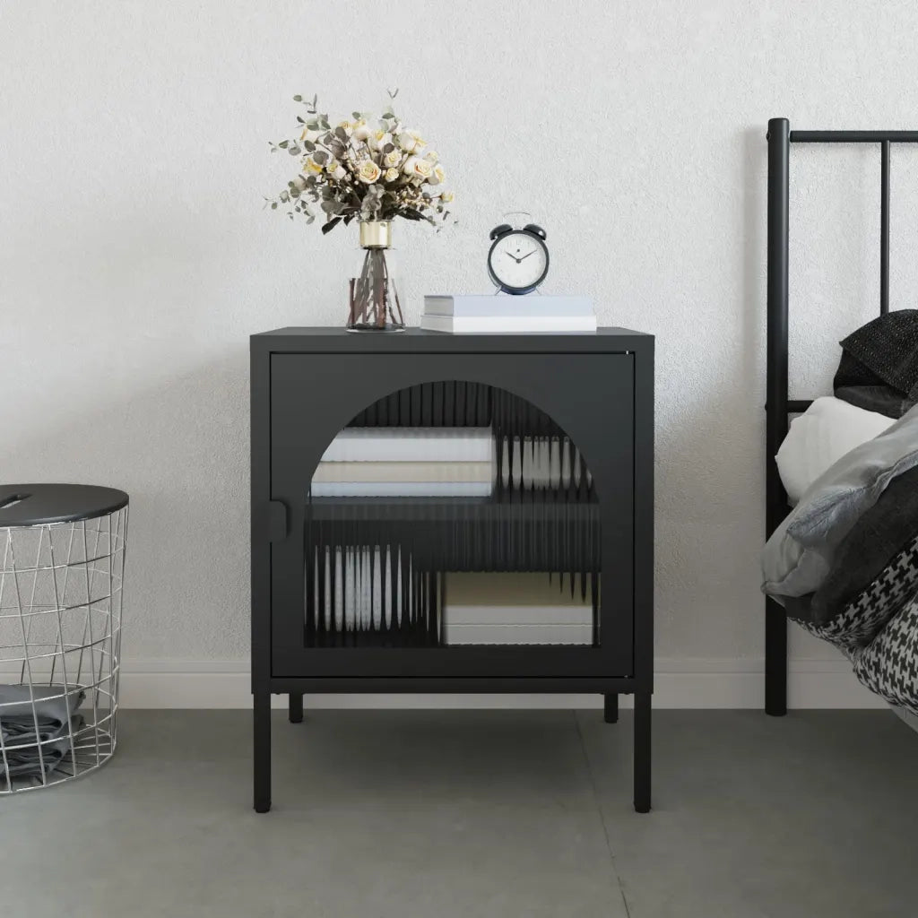 Comodino | Armadio da Notte | Mobiletto da notte Nero 50x35x60 cm Vetro e Acciaio