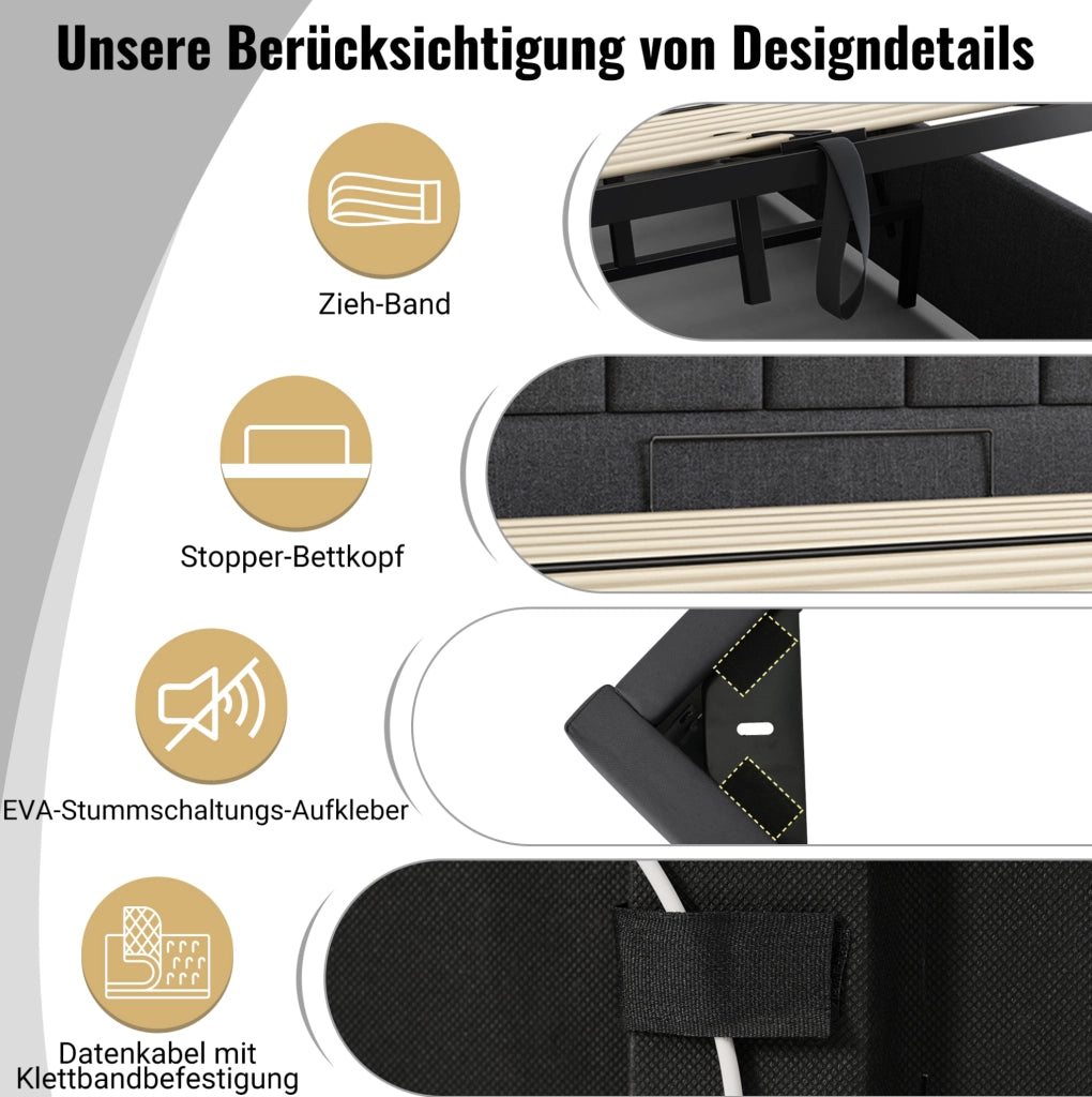 Letto contenitore 160x200 cm grigio con LED e ricarica USB-C