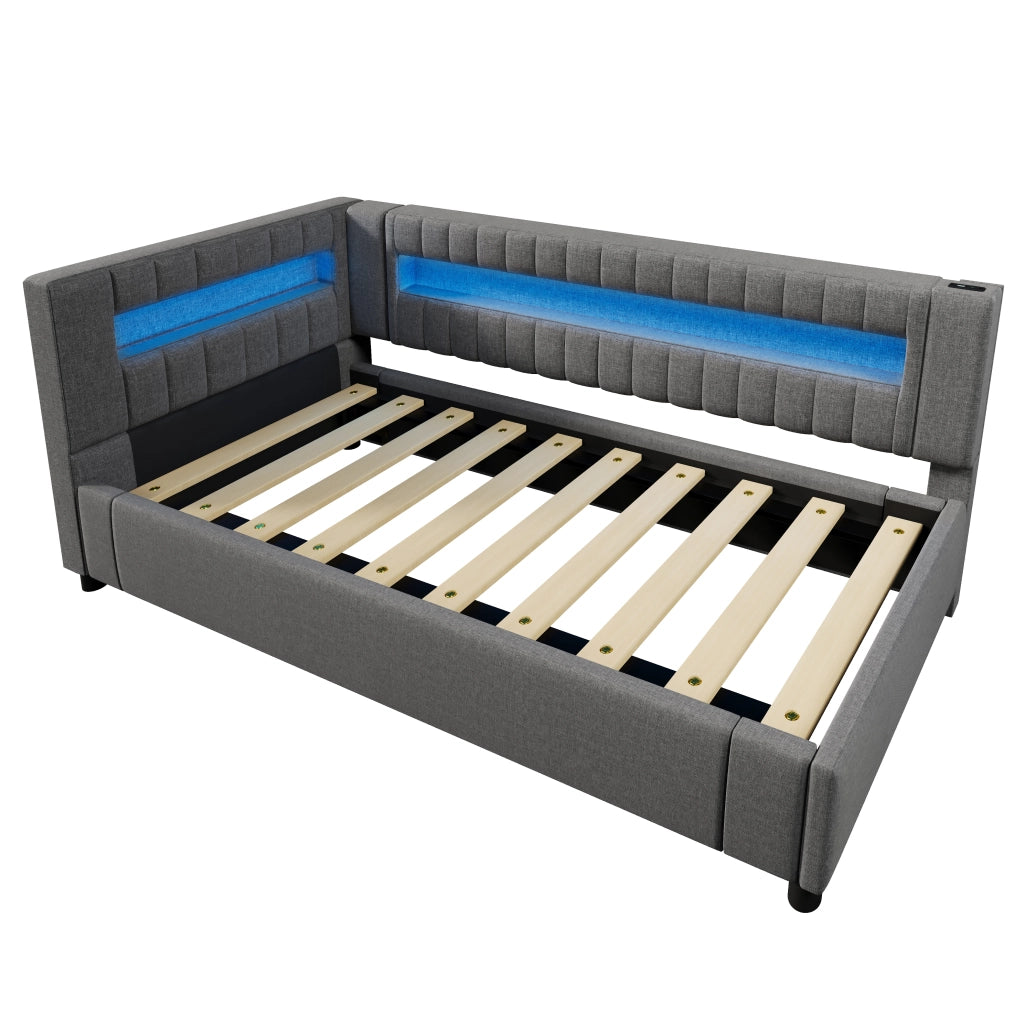 OKWISH Letto a Divano 90×200 cm, Letto Singolo con Contenitore, USB, Tipo C e LED Regolabile, senza Materasso, in Lino, Grigio