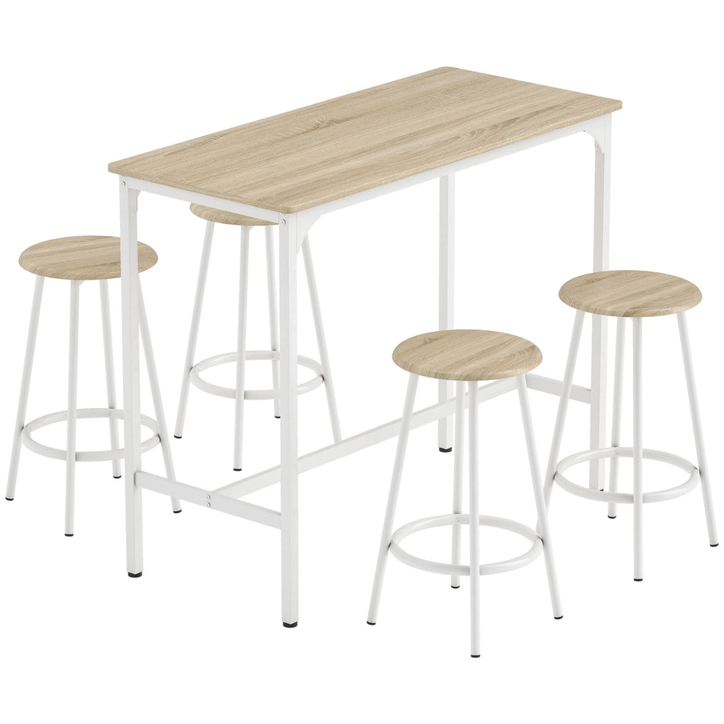 Set da Pranzo 5 Pezzi con Bancone da Bar 110x50x89,5 cm e Sgabelli Ø30x60,5 cm in Legno e Metallo Color Legno