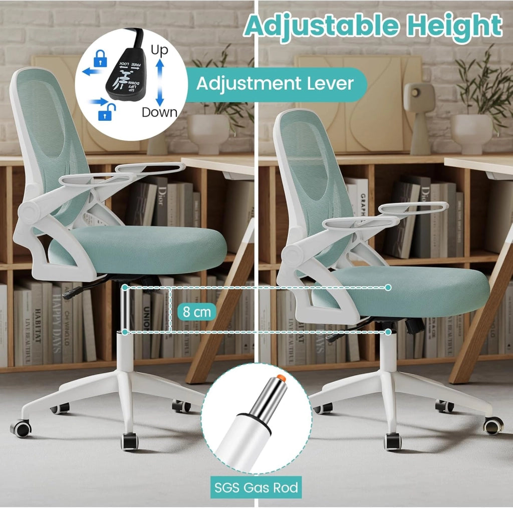 Sedia da scrivania ergonomica, sedia da ufficio girevole in rete con ruote, altezza regolabile e braccioli pieghevoli, seduta imbottita, supporto lombare, carico 150 kg (blu)