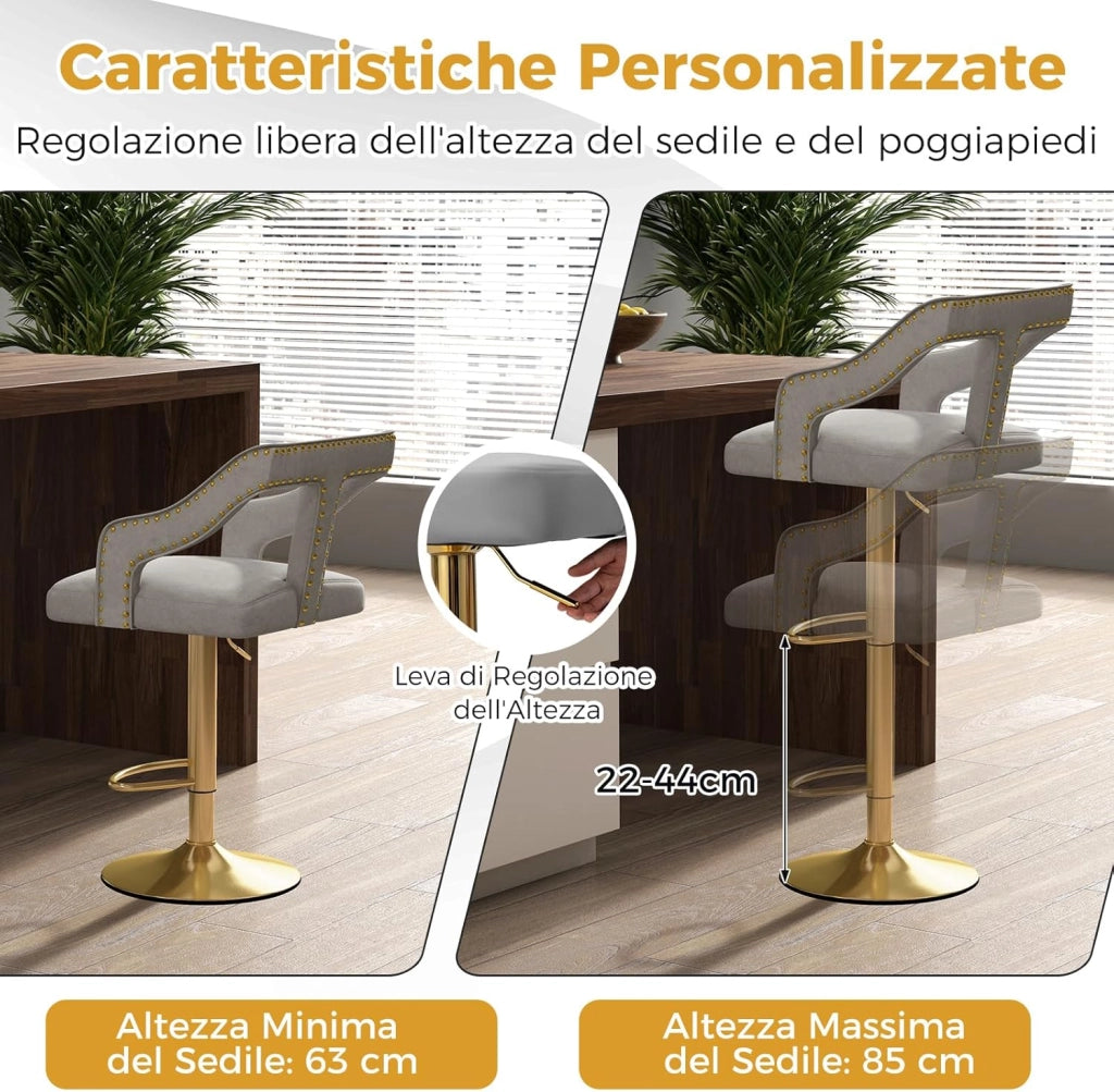 Set 2 Sgabelli da Bar in Velluto, Sedie Girevole e Regolabile con Poggiapiedi, Schienali in Forma a T, Braccioli, Base in Metallo Elettroplaccata per Cucina ad Isola e Sala da Pranzo (Grigio)