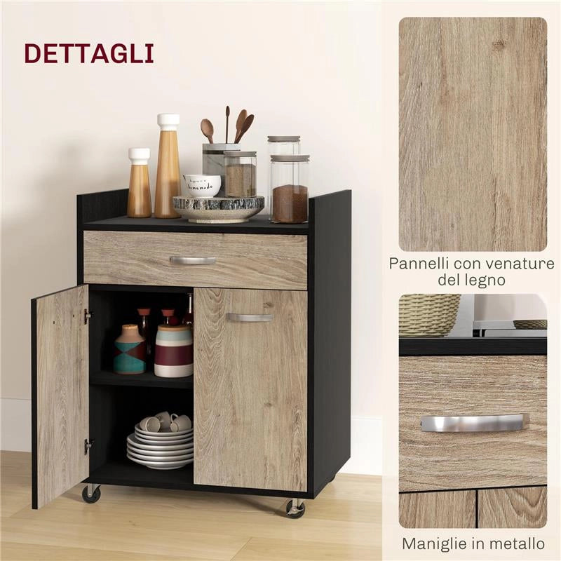 CARRELLO DA CUCINA CON CASSETTO, ARMADIETTO E 4 RUOTE IN LEGNO, 60X40X77CM, NERO