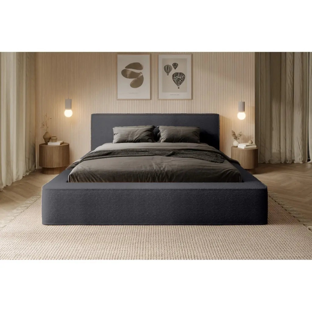 Letto contenitore VELORA – Antracite profondo bouclé – 160x200 cm – Tessuto velluto morbido – Rete sollevabile – Spazio di stoccaggio integrato