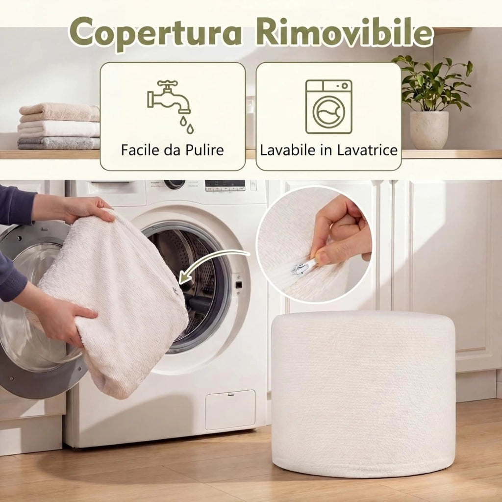 Pouf Ottomano Imbottito, Ø45 x 35 cm Poggiapiedi Rotondo con Tessuto in Filato Bouclé, Schiuma Morbida e Rivestimento Removibile, Poggiapiedi Divano per Camera da letto e Soggiorno, Beige