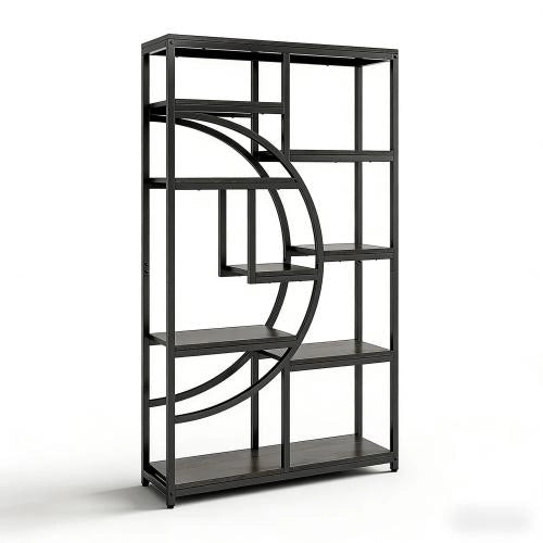 Libreria geometrica autoportante con 9 ripiani, struttura in metallo nero e legno, design moderno