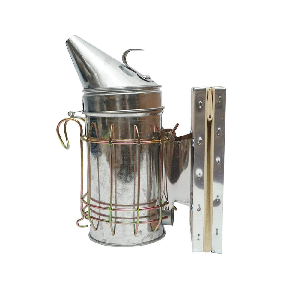 Affumicatore per api in acciaio galvanizzato con cilindro, scudo termico e soffietto in pelle, 190 mm