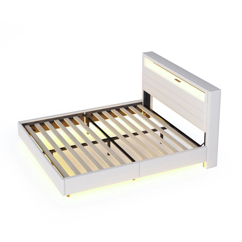 Letto matrimoniale imbottito ULEVR 160x200 cm con testiera girevole, USB e LED multicolore, beige
