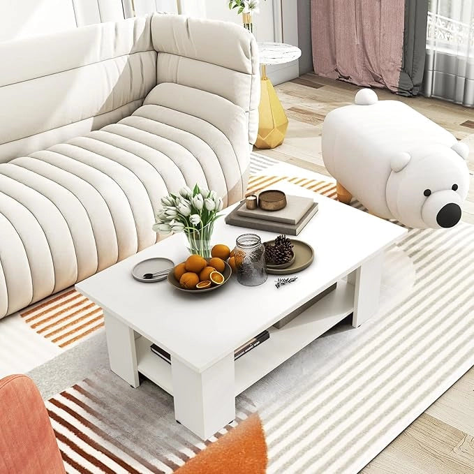 Tavolino da Salotto, Tavolino Basso a 2 Ripiani, Tavolino da Caffè, Tavolino da Divano, in Legno, Montaggio Semplice, per Soggiorno, Peso Max 125 kg, Bianco (90x52x40 cm)