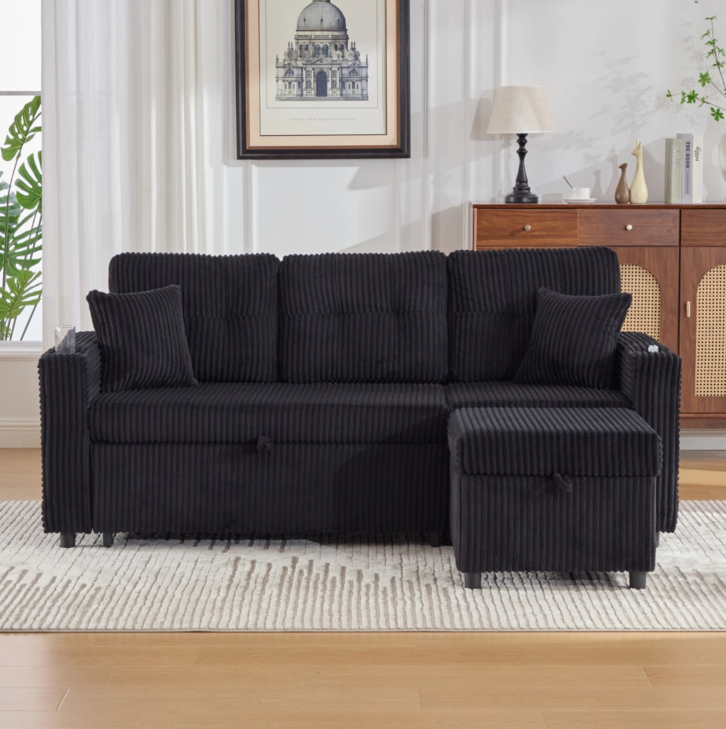 Divano letto estraibile con contenitore; USB-C e LED in velluto a coste nero; 196x82x85 cm