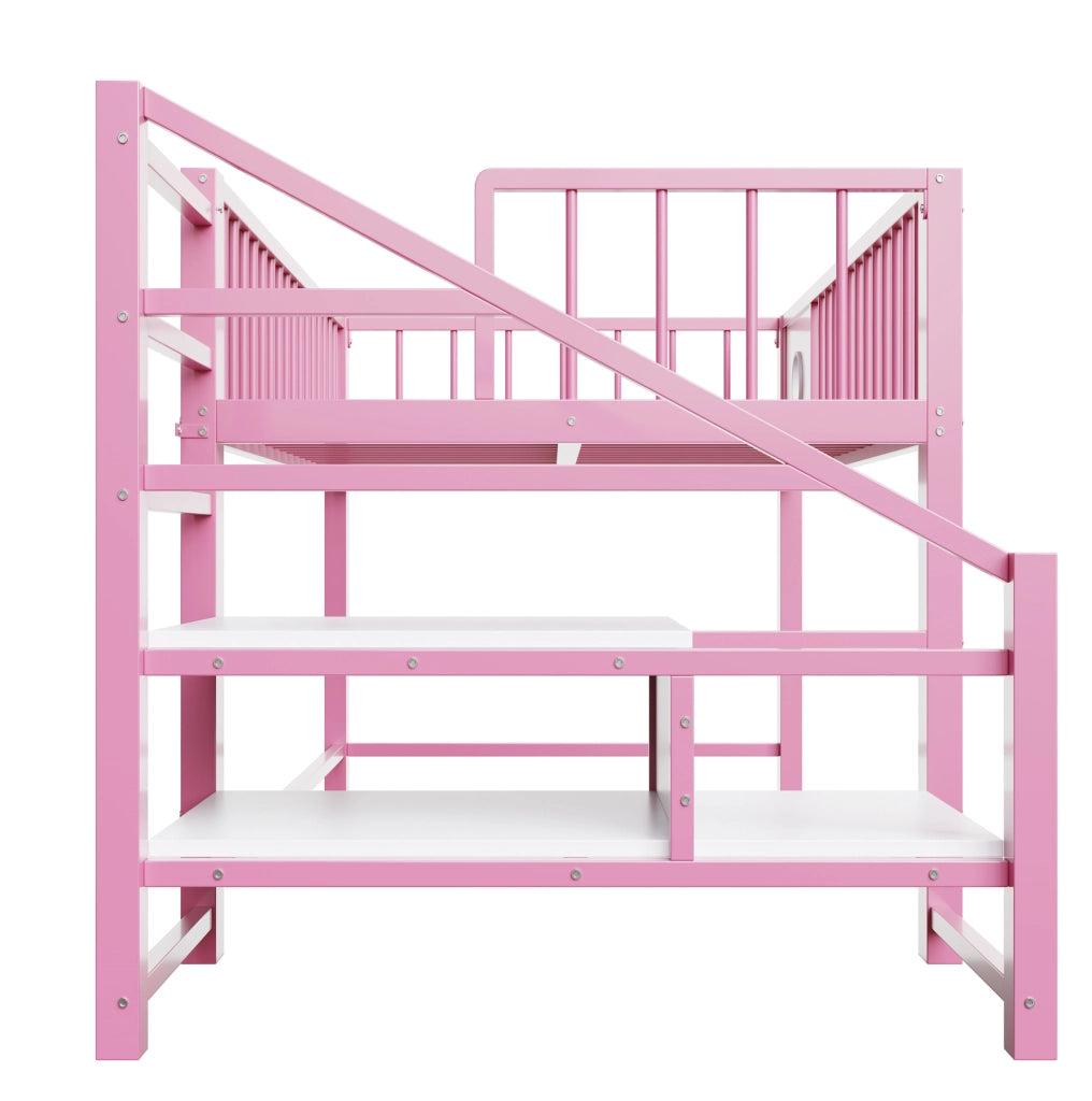 Letto a soppalco 90x200 cm con scala contenitore e vano sottostante in metallo rosa