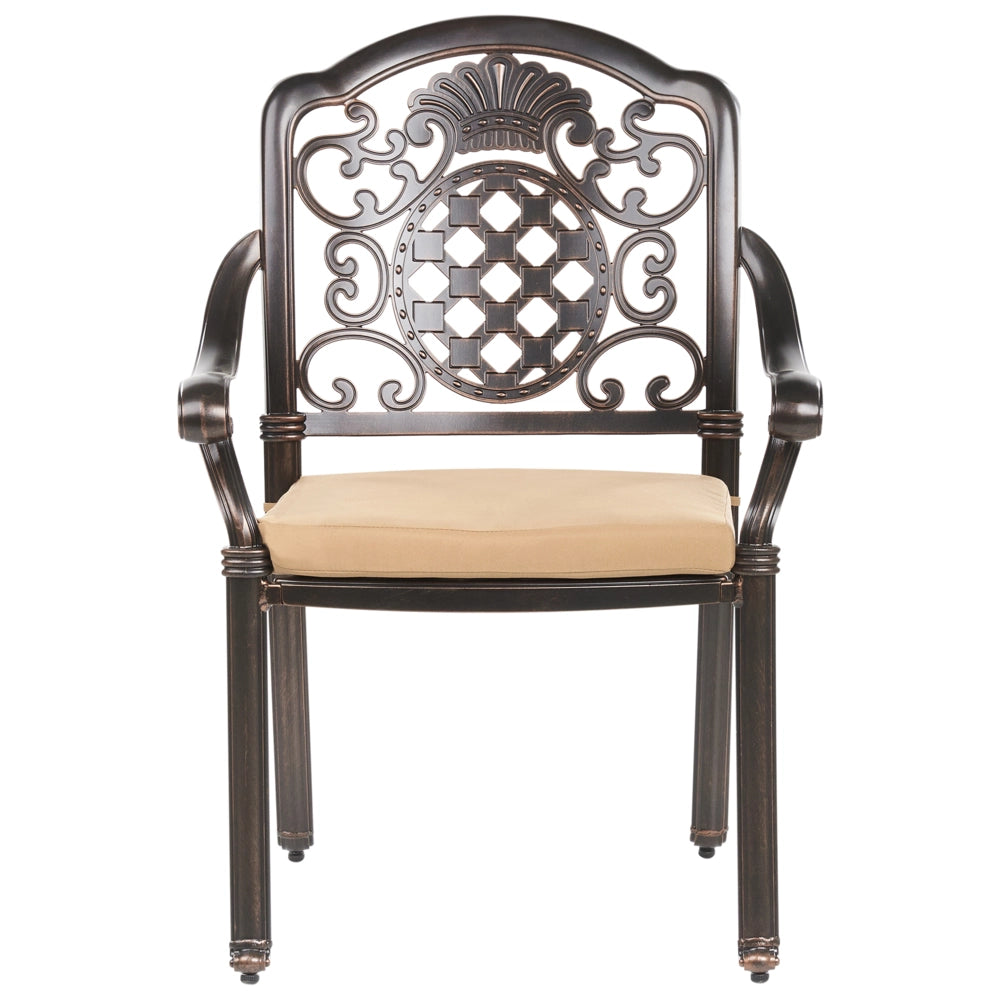 Set da pranzo da giardino Tavolo da esterno in alluminio marrone 4 sedie Cuscini di seduta in stile retrò