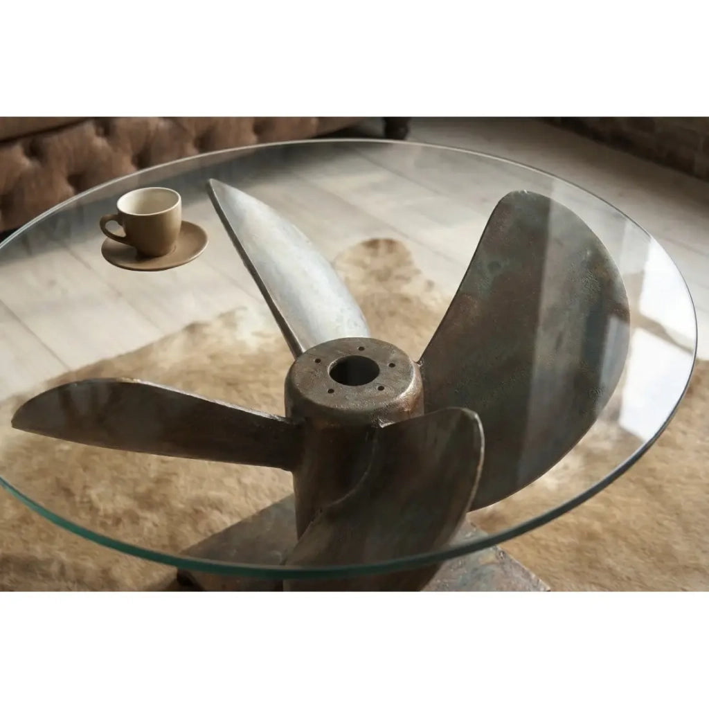 Tavolino ALUMIA rotondo 60 cm in vetro temperato e alluminio finitura rame – design industriale elica
