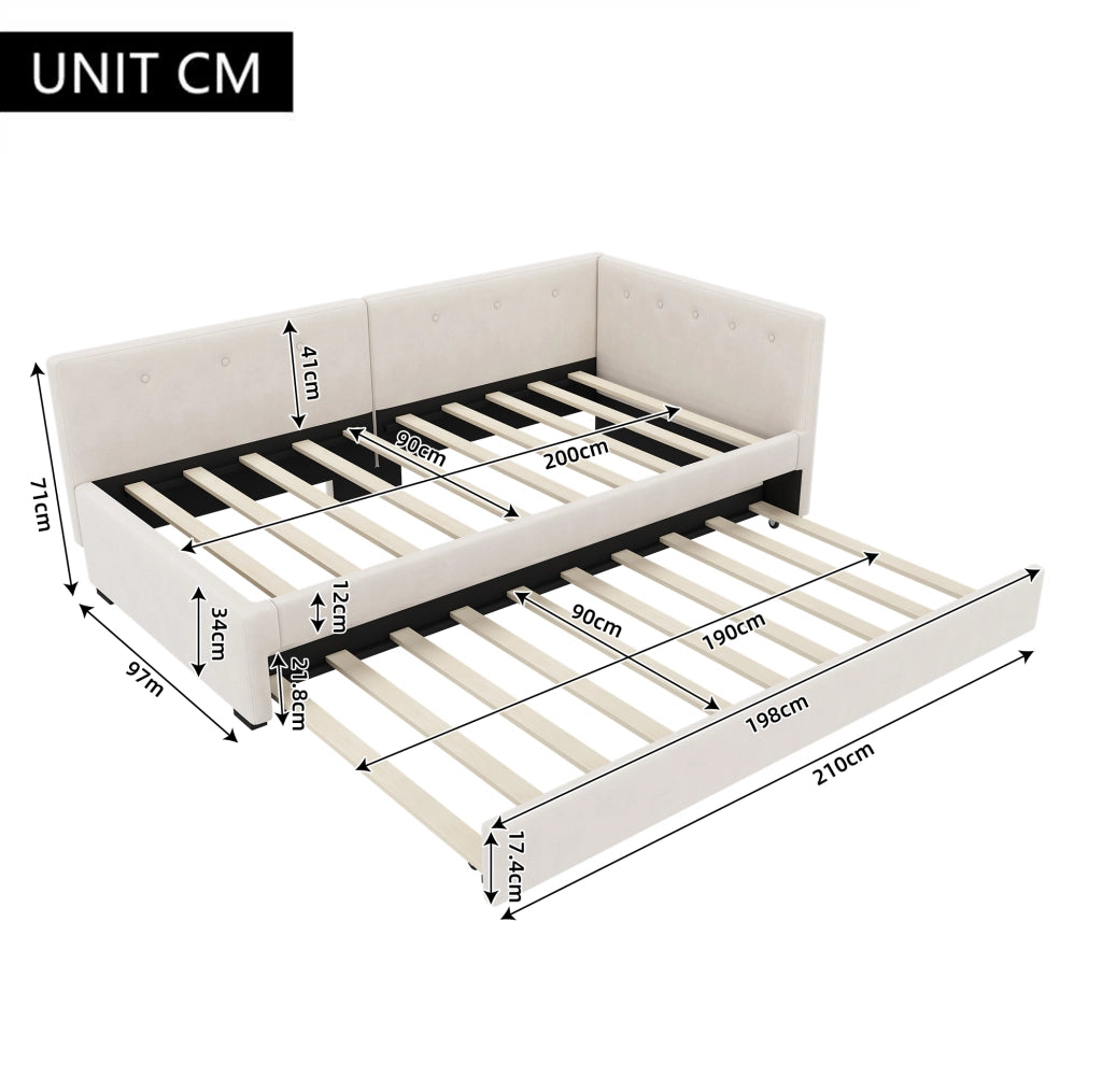 Letto estraibile 90x200 cm in velluto beige, salvaspazio e moderno