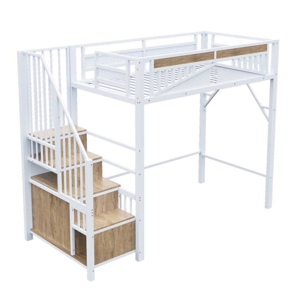 OKWISH Letto a Soppalco 90×200 cm, Letto Singolo con Scala Contenitore, Armadietto e Sponda con Finestra, senza Materasso, Bianco