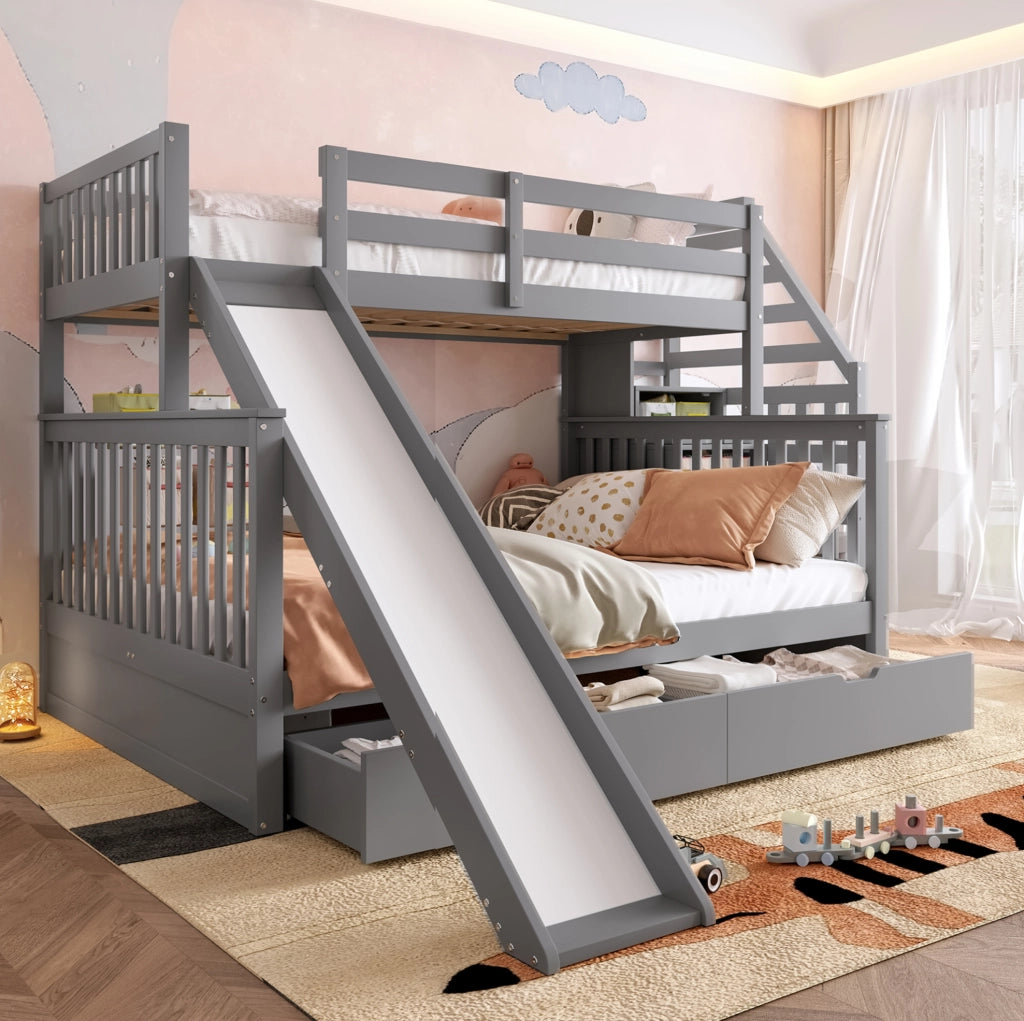 Letto a castello 90x200/140x200 con scivolo, cassetti e scala grigio