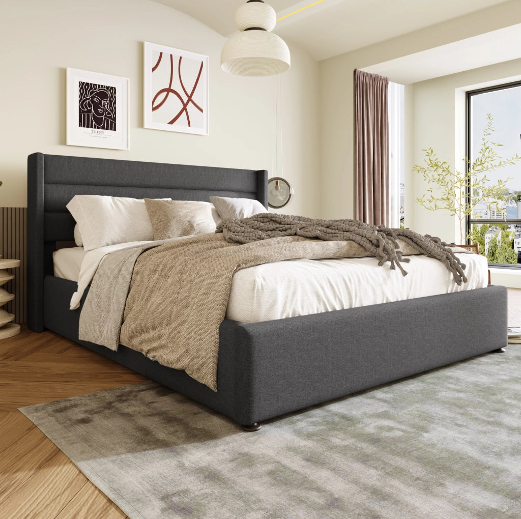 Letto contenitore matrimoniale 180x200 cm con testiera imbottita e struttura idraulica grigia