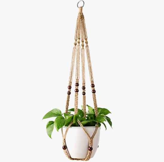 Macramé Sospensioni per Piante 2 pezzi Sospensione per Piante Interna Cesto per Piante Corda di Lino con Perle senza Spigoli, 90cm (vaso non incluso) - marrone