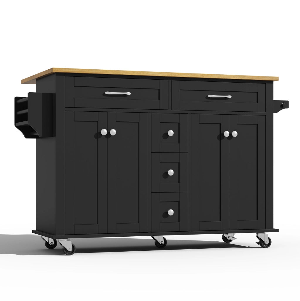 Carrello da cucina estensibile con piano ribaltabile; cassetti e ruote; MDF nero naturale
