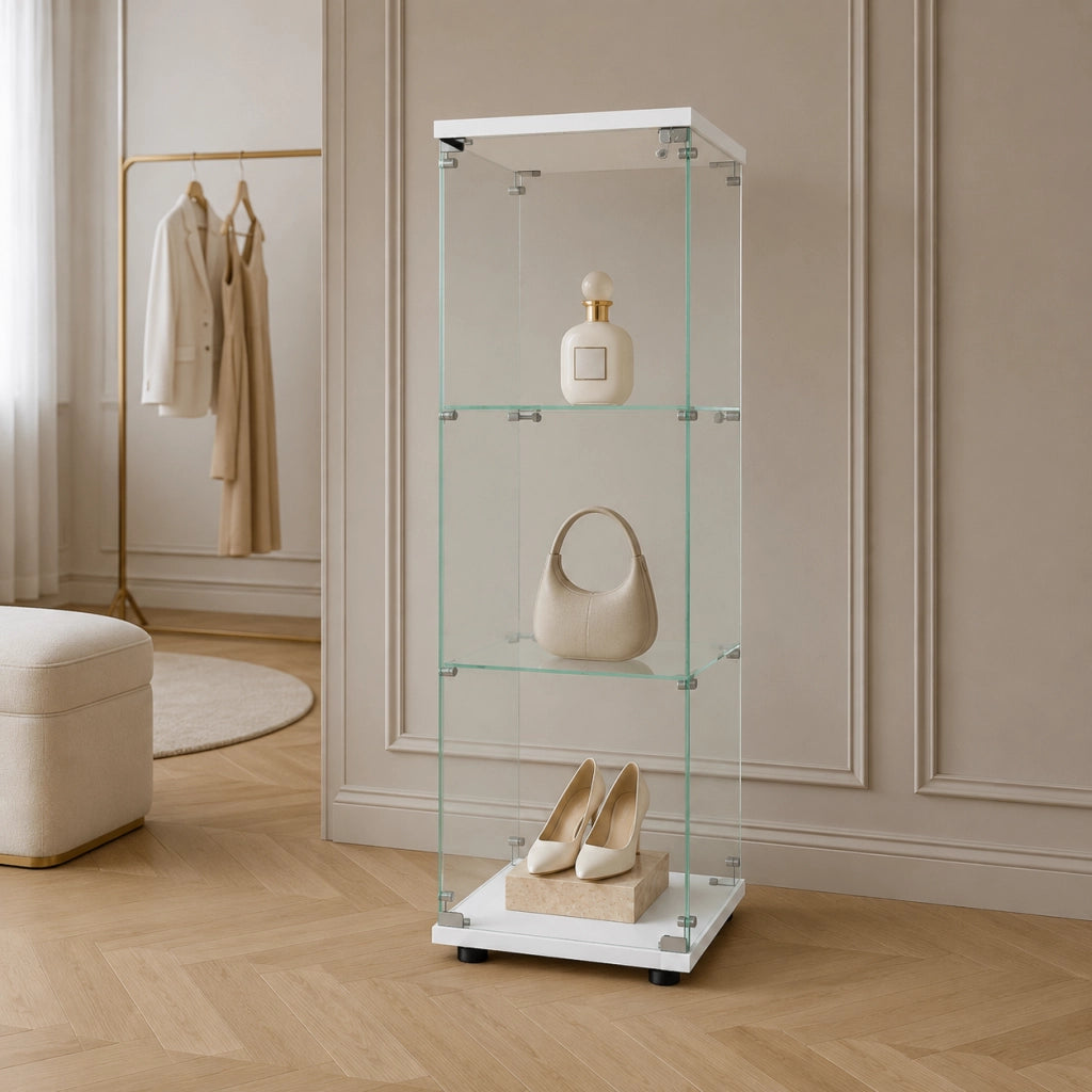 Vetrina espositiva in vetro temperato colore bianco con serratura e chiavi, 42,4x36,3x125,2cm, ripiani regolabili per figurine e collezioni
