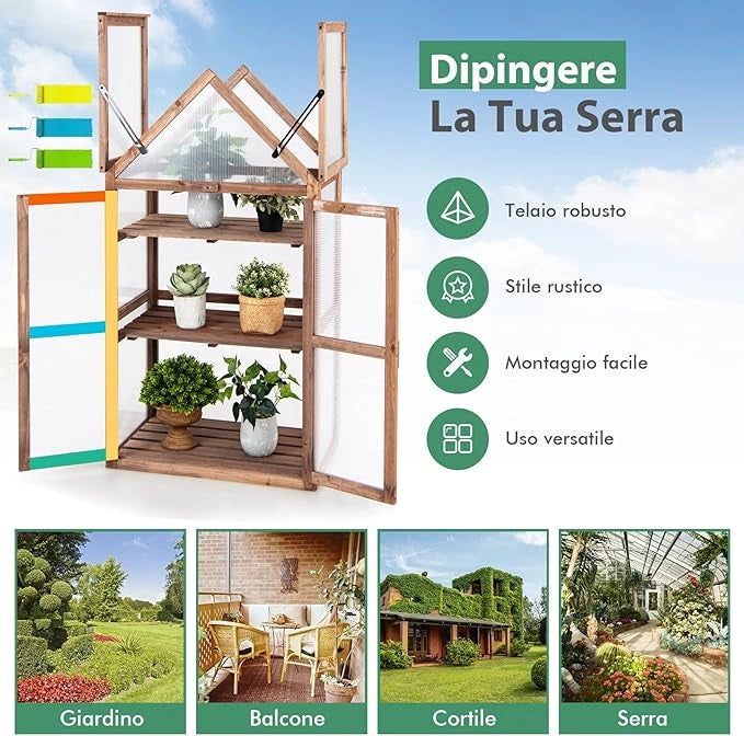 Mini Serra da Giardino in Legno a 3 Livelli, Serra da Giardino con Coperchio Apribile, Ripiani Rimovibili, Serra a Forma di Casetta da Interno ed Esterno, 71 x 41 x 133 cm