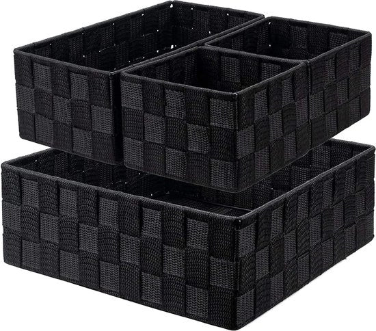 Set di 4 contenitori di archiviazione senza coperchio in stile rattan, contenitore a pannelli, ripiegabile, nero, di contenitori di archiviazione in nylon intrecciato, contenitore da bagno, contenitori di archiviazione per armadio, cucina, soggiorno