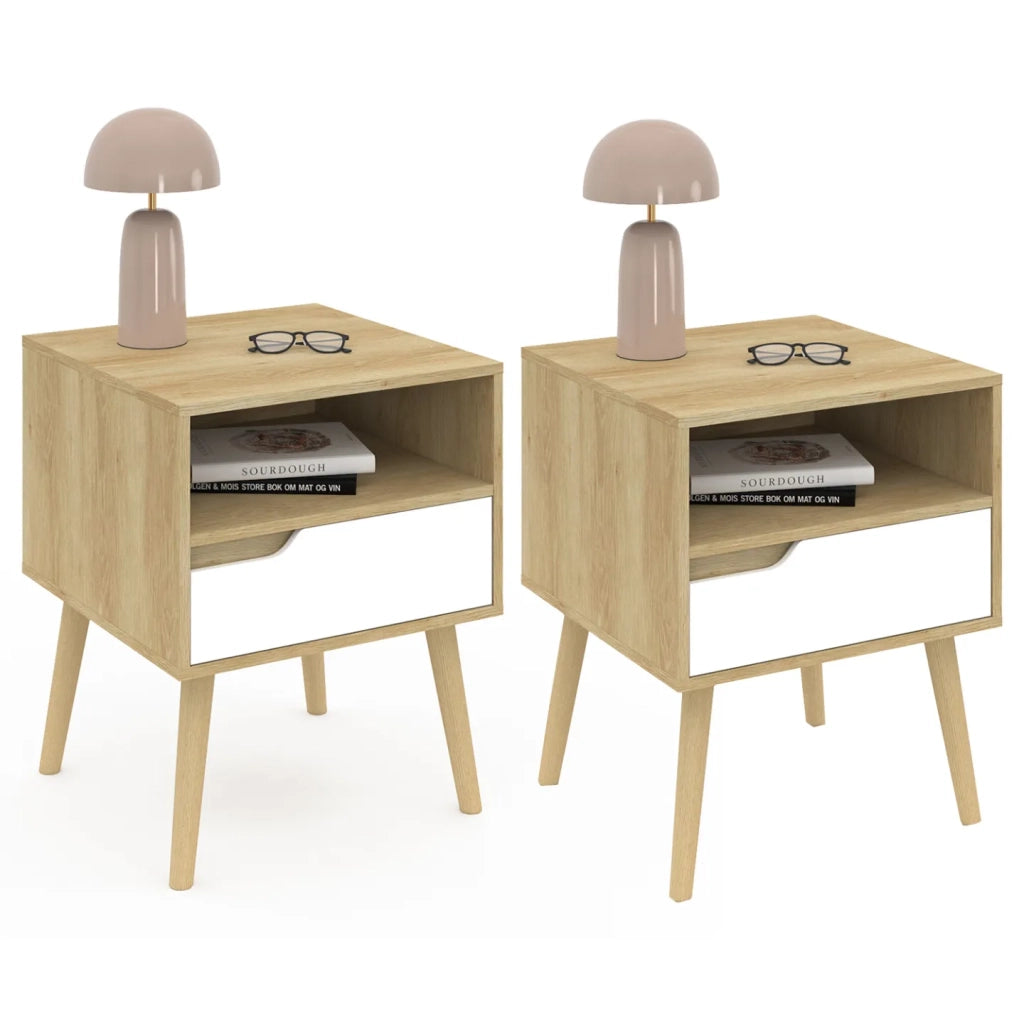 IDMarket - Juego de 2 mesillas de noche escandinavas HELSINKI de 1 cajón, efecto blanco y haya