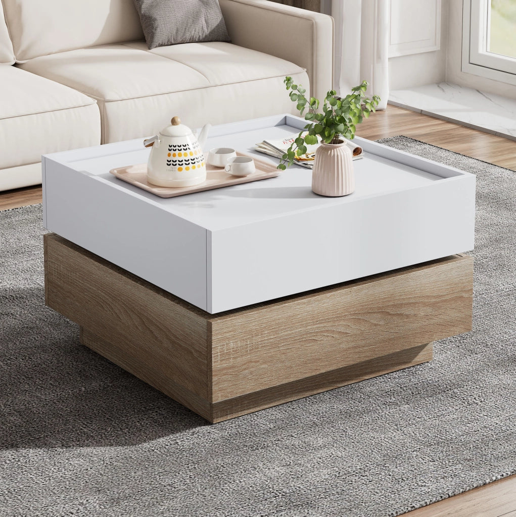Tavolino da salotto girevole a 360° con 2 cassetti; 60x60x38 cm; bianco e noce