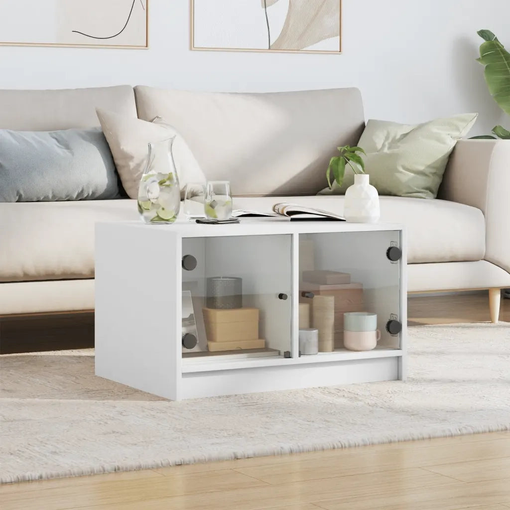 Tavolino da salotto | Tavolino da caff¨¨ | Tavolino da Soggiorno con Ante in Vetro Bianco 68x50x42 cm