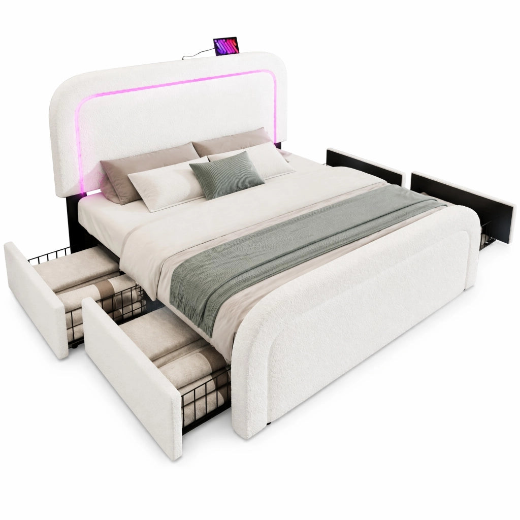 Letto matrimoniale 160x200 cm in Sherpa bianco con USB Type-C; LED e 4 cassetti