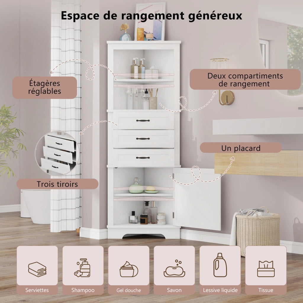 Mobile angolare da bagno con 1 anta, 3 cassetti e ripiani regolabili, per bagno, in MDF, bianco, 57,7 × 46 × 167,5 cm