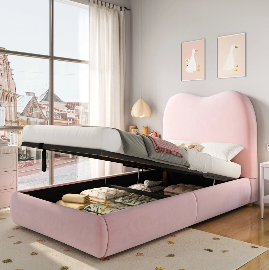 Letto imbottito con contenitore in velluto rosa